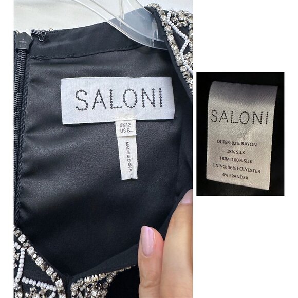 Saloni Tabitha Velvet Mini Dress Black Diamante Embroidery Beaded Crystal US 8 - Picture 3 of 16